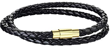 Paula & Fritz® Kordelarmband doppelt gewunden Leder schwarz geflochten Verschluss Edelstahl Silber, schwarz, gelbgold Pärchen-Armband Freundschaft-sarmband Wickel-Armband Länge 190mm - 216mm