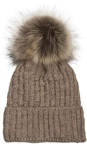 styleBREAKER Unisex warme Strick Bommelmütze mit Flecht Muster und Fleece Futter, Winter Fellbommel Mütze 04024171, Farbe:Braun meliert