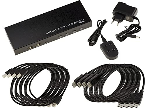KALEA-INFORMATIQUE KVM Switch Automatique pour 4 PC avec Liaison écran DISPLAYPORT 4K 60Hz et Clavier Souris sur Port USB. avec télécommande, Alimentation et Cordons - Ultra HD 4K 60Hz