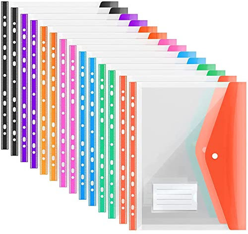 14 Stück Dokumententasche A4,Dreidimensionale A4 Dokumentenmappe mit Nruckknopf,Erweiterbare Lochtaschen 7 Farben Sammelmappen mit 11 Binderlöcher und Etikettentasche zum Organisieren von Dokumenten