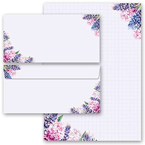 Motivpapier Briefpapier Sets Geschenkset, HYAZINTHEN 50 Blatt Briefpapier + 50 passende Briefumschläge DIN LANG ohne Fenster