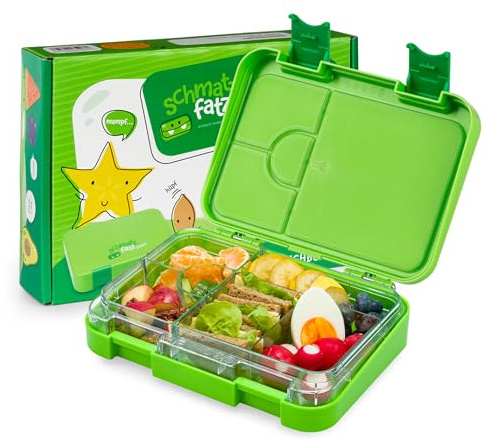 schmatzfatz Junior Fiambrera Infantil – Bento Box con Bandeja Extraíble de 4 o 6 Compartimentos, Estanca, sin BPA y Apta para Lavavajillas, para Colegio y Guardería