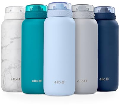 Ello Cooper 40oz Stainless Steel Water Bottle with Straw and Carry Handle, Double Walled and Vacuum Insulated Metal, Leak Proof Locking Lid with Soft Silicone Spout, Reusable, BPA Free, Halogen Blue