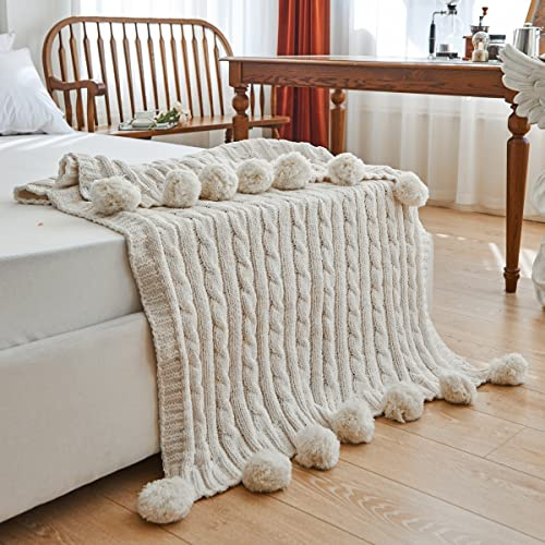 Chenille, grob, gestrickte Überwurfdecke mit 14 Pompons, Quasten, superweich, gemütlich, warm, Decke für Sofa, Bett, weiche Couch, 127 x 152,4 cm, Weiß