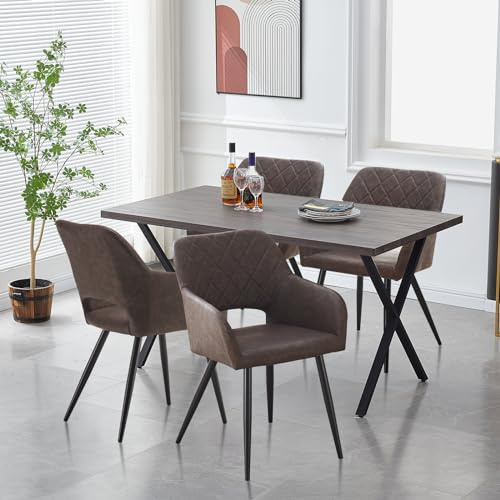 CLIPOP Essgruppen Esstisch mit 4 Stühlen,Holz Rechteckig Küchentisch 120cm und PU Leder Esszimmerstühle 4er Set,Retro Style Tisch Armlehnstuhl Sitzgruppe für Wohnzimmer Esszimmer Küche (Braun+Braun)