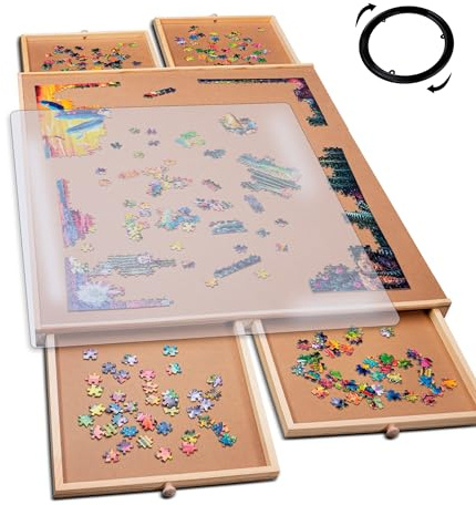 1 000 delar vridbart pusselbord i trä – 4 lådor, pusselbräda med pusselskydd | 57,4 x 76,2 cm pusselbräda bärbar – bärbart pusselbord