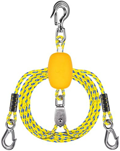 Dolibest 16ft Boat Tow Harness Boat Tow Ropes with Float, Easy Connection w/ 3 Large Stainless Steel Hooks and Pully for Tow 1-4 Rider Towable Tube