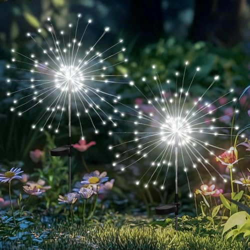 Yomistar Solar Lights Utomhus 2 stycken 150LED Fyrverkerier Lusar Com Fjärrkontroll, 8 Lägen Vattentäta Sollampor Trädgårdsdekorationer för Utomhus Gräsmatta Innergård Uteplats - Kallvit