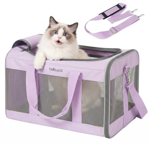 BELLA & PAL Katzentransportbox für Katzen und Welpen bis 7kg, 42x28x28cm | Faltbare Katzentasche mit Auto-Lock Reißverschluss, kratzfreie Netz, innerer Sicherheitsschnalle| für Tierarzt/Auto/Flugzeug