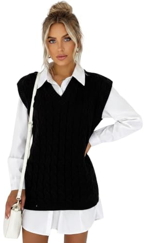 HUBIBUBI Womens Ladies Cable Knit Sleeveless V-Neck Knitted Jumper Tank Top Winter Sweater Sizes 8-26 (UK, Numeric, 8, 10, Regular, Regular, Black)