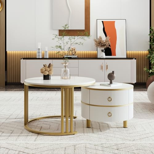 Merax 2-1 Nesting Coffee Tables for Living Room, Round Coffee Table Set with 2 Drawers Perfect for Bedroom, Office and Apartment, 1 Side Table with White Marble Top, White, MDF