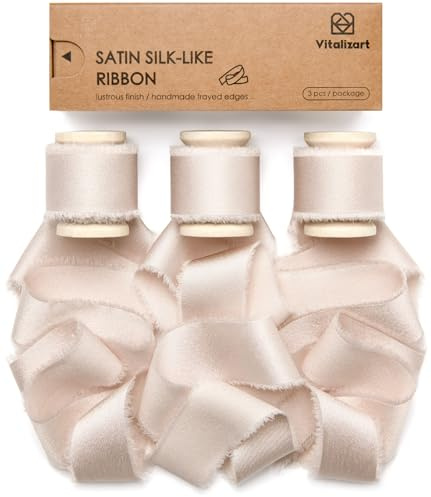 Vitalizart Satin Geschenkband Helles Nude 2,5 cm x 13,7 m Hölzerne Spule, Handgefertigtes Ausgefranstes Seidenband für Geschenk Verpacken Hochzeit Brautsträuße Urlaub Dekor
