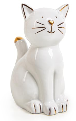 Figura decorativa gato de porcelana para colocar: escultura felina elegante blanco dorado, decoración gatos hogar para estantería y mesa, regalo pequeño para amantes de los gatos, 13,5 x 10 cm
