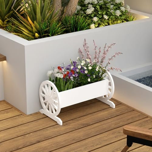 Waterproof PVC Wood Garden Planter Box, Wagon Wheel Shape Decorative Raised Bed for Indoor Outdoor, Patio Pot Trough for Flowers, Plants, Herbs - 1-Piece