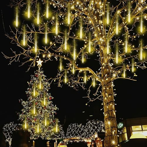 Kwaiffeo Weihnachtsbaum Lichterkette：20 Röhren Meteorschauer Lichterkette(Äquivalent zu 2 Sätzen von 10er-Röhren)- Wasserdichte Lichter für Weihnachten Halloween Baum, Weihnachtsdeko Aussen, Warmweiß