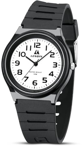 LN LENQIN Montre à quartz analogique pour garçons et filles - Facile à lire - Étanche - Bracelet en silicone noir, Noir, blanc, noir.