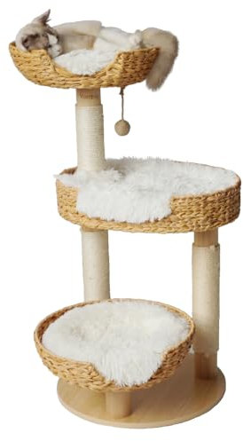 Yorrbily Cat Tree 39 Inches Cat Tower with Sisal Covered Scratching Real Wood Post, Handwoven PE Rattan 3 Baskets perches with Cozy Cushion, Cat Climbing, Cat Scratching Post (White Cushion)