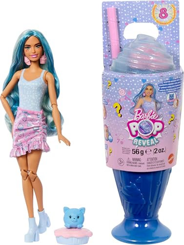 Barbie Pop Reveal Colección Dulces Muñeca de Moda y Accesorios, temática de Cool Cupcake, Mascota y 8 sorpresas, Incluye Cambio de Color, JFY61