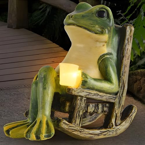LUFEIS Frog Garden Ornaments, Outdoor Solar Frog Statue with Cup LED Lights, Solar Powered Garden Animal Ornaments, Waterproof Resin Frogs Statue for Balcony, Patio, Yard, Lawn, 10cm