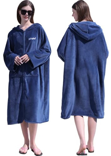 Hiturbo Adult Changing Towel Robe: Zipper Oversized Hooded Swimming Poncho - Fleece Coat for Surf Beach Pool Bath - Navy