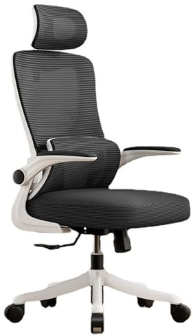 Ergonomic Gaming Computer Desk with Adjustable Back Support and 360° Swivel White Comfy Mesh Home PC Desk with Flip up Armrest for Study Work and Gaming in Bedroom Or Living Room