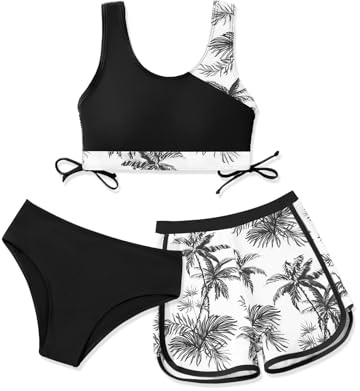 Girls 3 Pieces Swimsuit Bikini Set Bathing Suit with Shorts Sport Athletic Swimwear Tankini Sets for Girls
