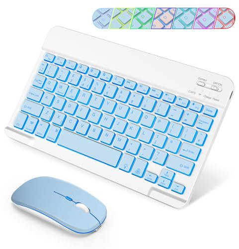 SOPPY Bluetooth Keyboard Mouse Combo, Rechargeable Backlit Mini Keyboard | 7-color backlight, 3-device switching, UK layout, ultra slim design, compatible with iPad, tablets, iOS, Android and Windows