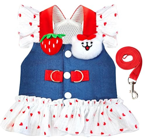 Hundegeschirr und Leine, Set aus Denim, Katzengeschirr, Kleid für Welpen, Kleidung für Mädchen, rosa Hund, Geburtstagskleid, französische Bulldogge, Geschirr mit Erdbeerbär-Dekoration