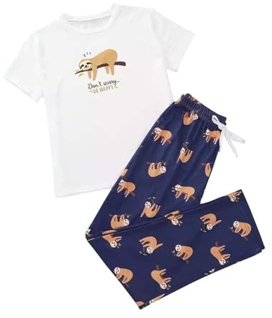 Generisch Grazioso set pigiama con stampa bradipo a maniche corte, per donna, comodo abbigliamento domestico e vestito con pantaloni lunghi, tuta da casa da donna elegante, Blu marino, L