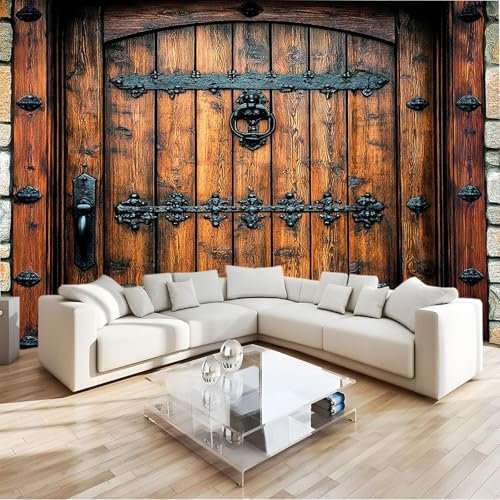 Fotomurali Porta In Legno Vintage In Metallo 350 x 256cm Carta da parati Murale alla moda Decorazione da Muro per Soggiorno Camera Ristorante Camera dei Bambini, Poster Gigante Design, Marrone