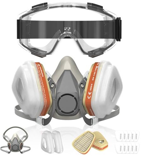 Maschera Antigas con Filtri A1P2, Costruzione, Fai da Te e Levigatura, Include 10 Filtri in Cotone e Occhiali Protettivi, Facile da Montare e Pulire