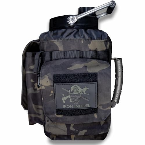Iron Infidel Battle Bottle - One Gallon Insulated Water Bottle with Dual Carry Handles - 128 oz Tactical Stainless Steel Water Jug & Rugged Extra Large Sleeve with Storage (Black Camo 128 Ounces)
