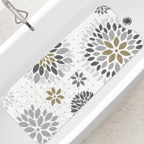 SHUCHING Tapis de Bain Antidérapant pour Adultes, Tapis de Baignoire Antidérapant 100 x 40cm, Tapis de Douche sans BPA Lavable en Machine et Résistant à la Moisissure, Fleurs Grises