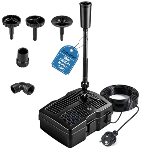 EXLECO Teichpumpe Außen mit UV Lampe 1000L/H 28W Teichfilter komplettset | mit Pumpe, 3 Fontänenaufsätzen, Filtermaterial, Springbrunnenpumpe, Filter Wasserpumpe, 10M Kabel für Brunnen, Teich