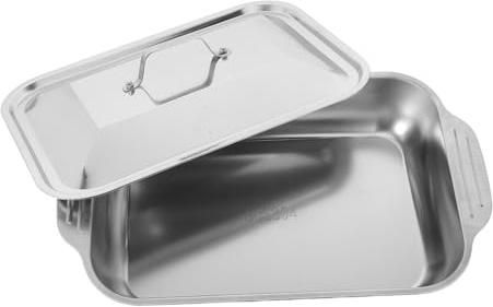 ROMISBABA Edelstahl Bräter mit Deckel Tiefes Rechteckiges Backblech für Fisch Pizza Kuchen Robustes Grillschale Servier Bratpfanne für Backofen und Grill