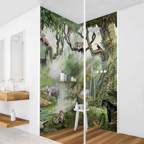 micasia Duschrückwand selbstklebend wasserfest Wald Hartfolie fugenlos Wandpaneel - made in Germany - Dschungel Tropisch matt grün Bad Wandverkleidung für Duschkabine 2057-P (90x200cm)