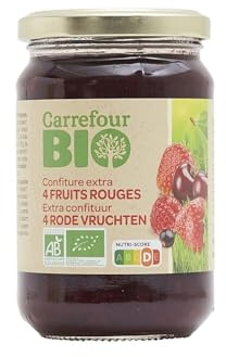 CARREFOUR BIO Confiture Extra Fruits Rouges Bio - 4 Fruits (Fraises, Cerises, Framboises, Cassis) - Pot en Verre 360g - Préparée avec 50g de Fruits pour 100g - Lot de 3