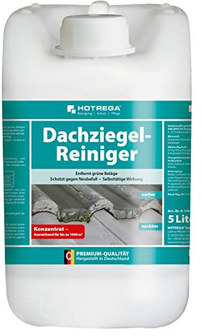 HOTREGA Dachziegel Reiniger Konzentrat 5 Liter | Langzeitschutz gegen Grünbelag, Algen | selbsttätig, säurefrei, chlorfrei, materialschonend