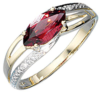 Jobo Damen-Ring aus 14 Karat 585 Gold Bicolor mit Granat und 2 Diamanten Größe 60