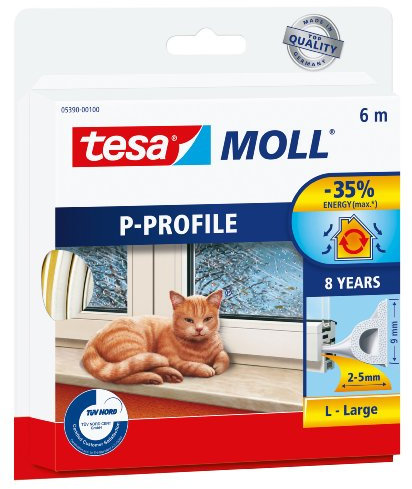 Tesa 05390-00110-00 Gummidichtung für Türen und Fenster, P-Profil, Weiß, Farbe: Weiß