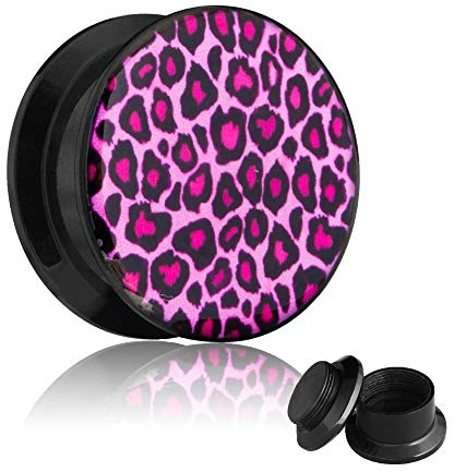 Treuheld® | Motiv Ohr Plug - Pink LEOPARD/LEO - 21 Größen: 3mm - 40mm - mit Gewinde zum Schrauben - schwarz, pink - Double Flare - Piercing Box Flesh Tunnel Plug aus schwarzem Kunststoff/Acryl