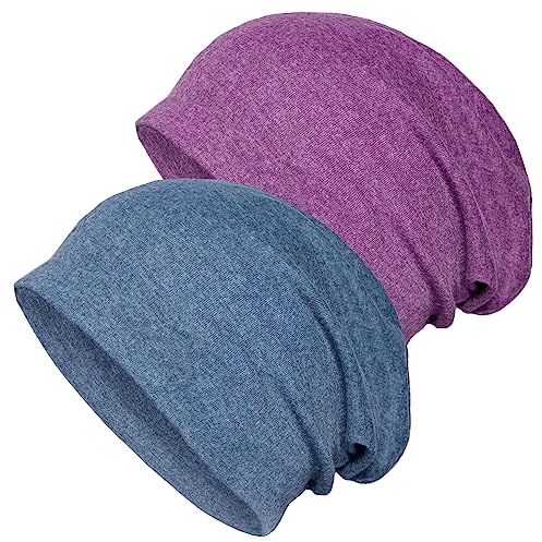 Slouchy Beanie-Mütze, Baumwolle, Chemo-Kopfbedeckung, Mützen für Damen und Herren, Denimblau/Lila, 2 Stück, Violett, Large
