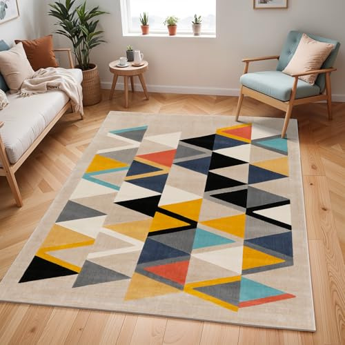 Surya Marietta Teppich Wohnzimmer Boho, großer Teppich Schlafzimmer 160x220 cm - Teppich für Esszimmer mit geometrischem Muster, Skandinavischer Wohnzimmerteppich modern in Beige, Orange, Grau