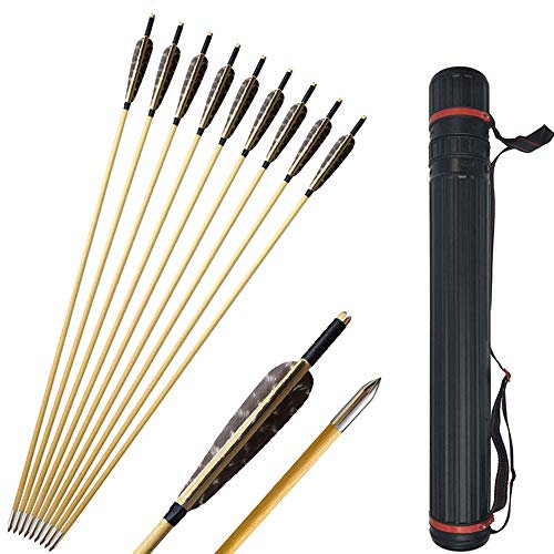 SHARROW 12 Stück Holzpfeile für Bogenschießen 31 Bogenpfeile mit Pfeilköcher Fletching 5 Zoll Naturfedern Pfeile Holz in Handarbeit Holz Pfeilschaft für Langbögen Recurve Bögen (Typ 2)