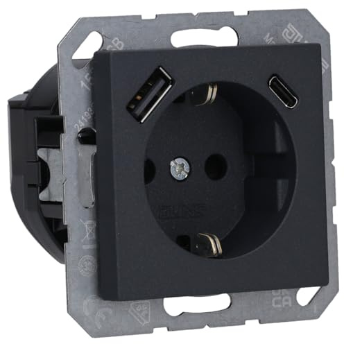 Jung A1520-15CAANM SCHUKO-Steckdose mit USB Typ AC (max. 3A) mit erhöhtem Berührungsschutz (Thermoplast bruchsicher) Anthrazit Matt Serie A