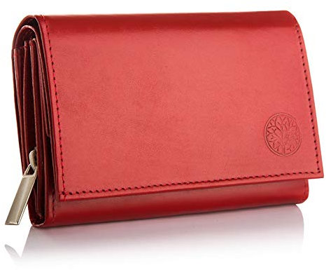 BETLEWSKI - Kleine Geldbörse für Damen aus Leder - RFID Blocker Karten Portemonnaie - Geldbeutel Klein - Natur Ledergeldbörse mit vielen Kartenfächer und Münzfach in Rot - 13 x 9 x 3,5 cm