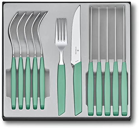 Victorinox Swiss Modern Besteck-Set für 6 Personen, 12-teilig, inkl. scharfe Steakmesser mit Wellenschliff, Kunststoffgriffe, Minzgrün