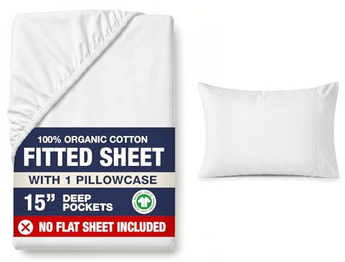 LANE LINEN Single Fitted Sheet with 1 Pillowcase – 100% Organic Cotton, Soft & Breathable, Deep Pocket (35cm) Bottom Sheet, All-Round Elastic for Secure Fit -White