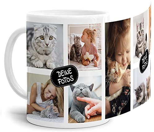 Foto-Tasse zum selbst gestalten mit Foto-Collage für 8 Wunschfotos - Geschenk für Familie, Freunde, Geburtstag, Weihnachten - Keramik Weiß, 300 ml I Personalisiert