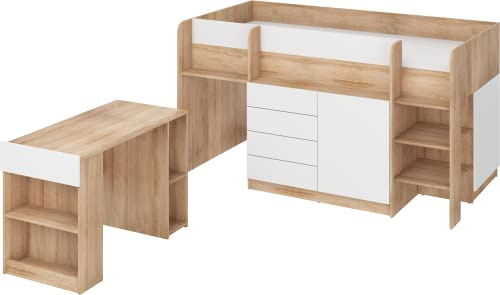 FurnitureByJDM Hochbett mit Schreibtisch, Schubladen & Bücherregal | Platzsparendes Kinderbett 90x200 cm Matratzengröße – Rechtsseitige Treppe – SMILE (Eiche Sonoma/Weiß)